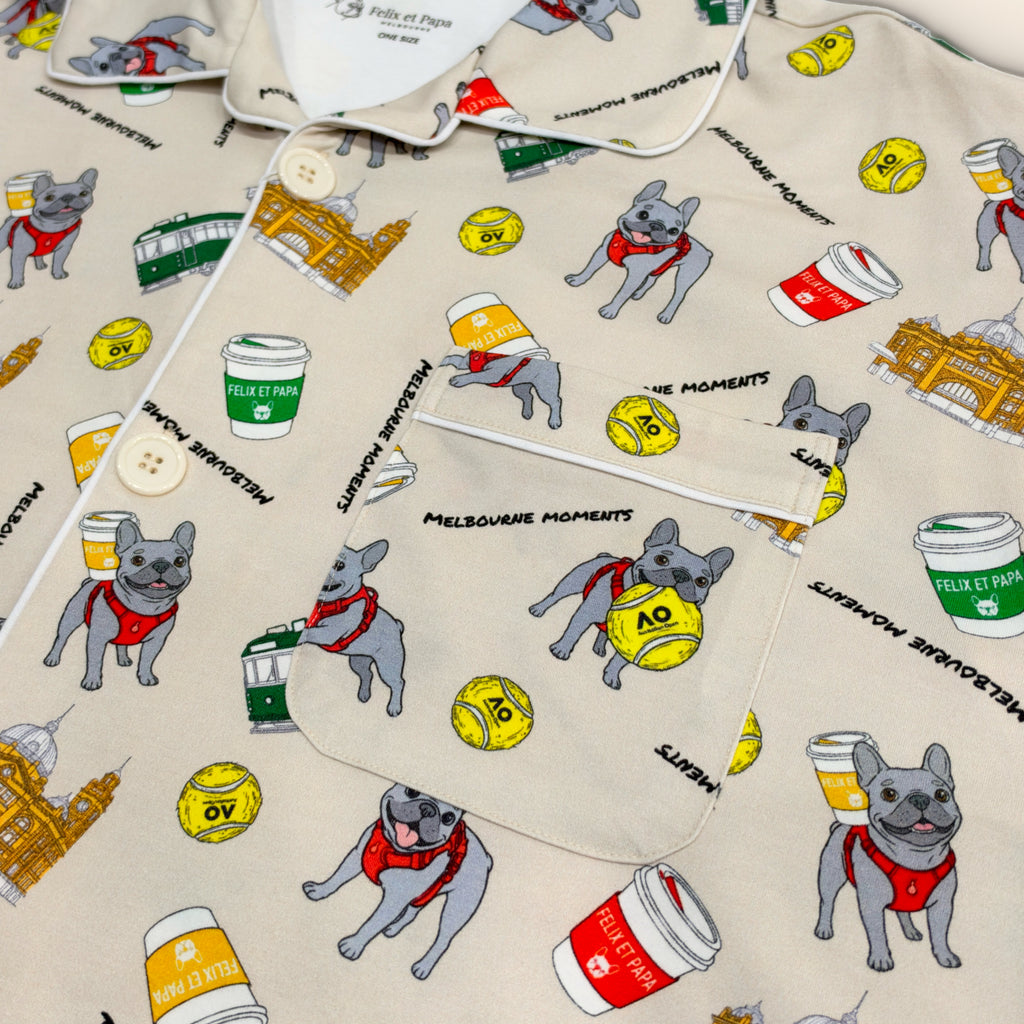 メンズ Melbourne Days Pyjamas クリーム　シャツの襟とポケットのディテール