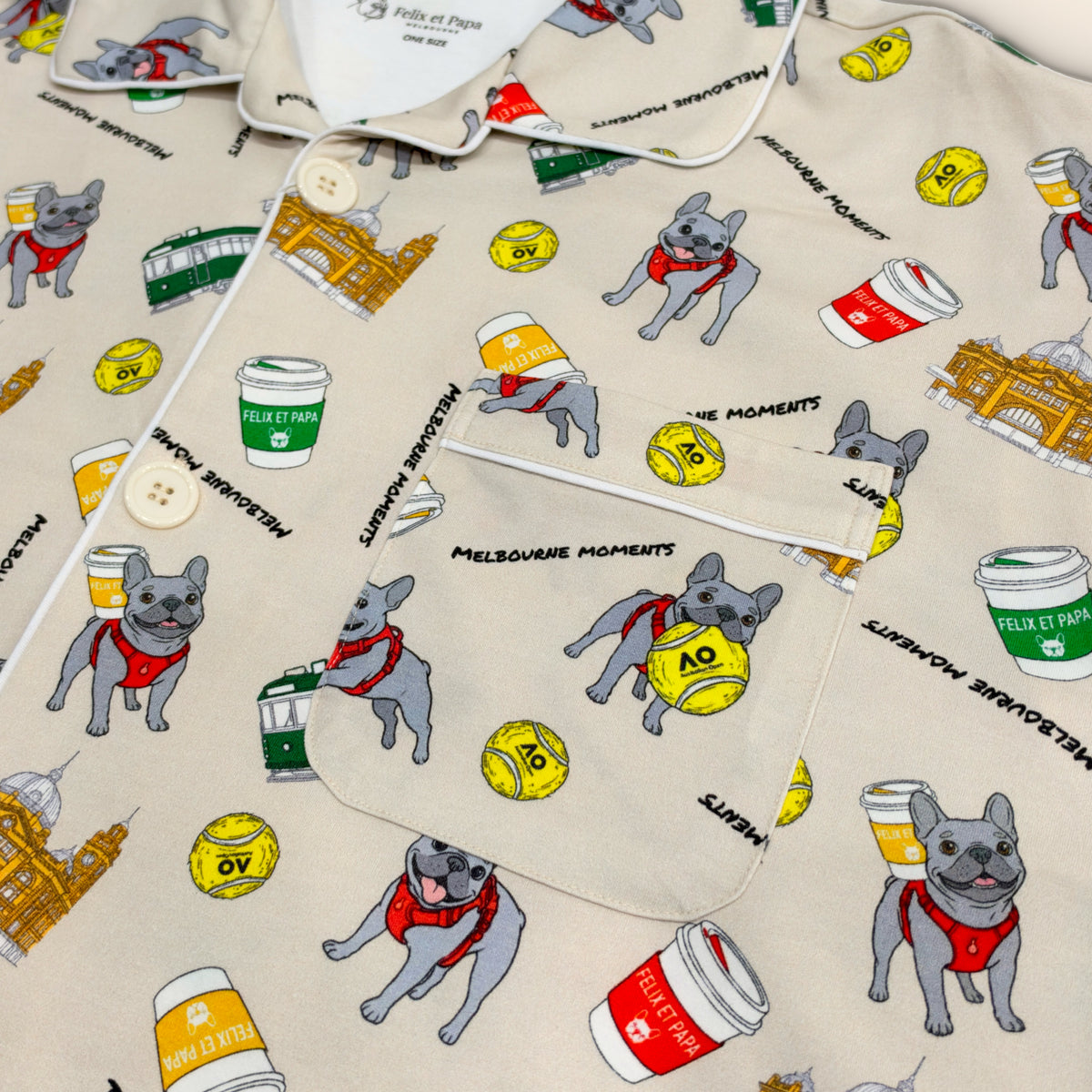 メンズ Melbourne Days Pyjamas クリーム　シャツの襟とポケットのディテール
