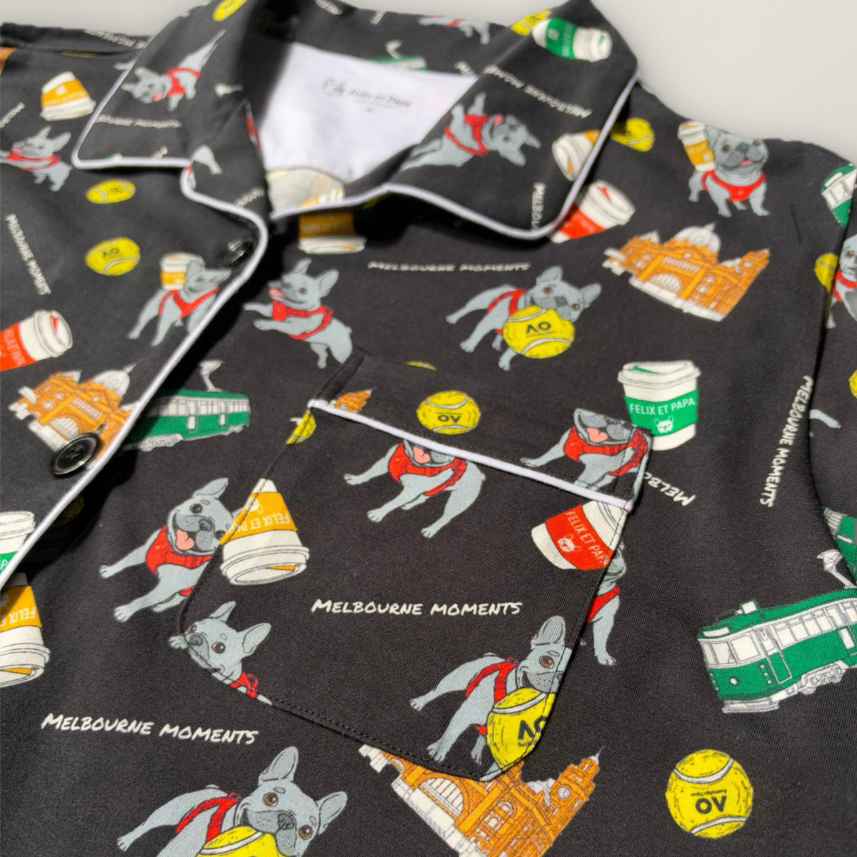 ウィメンズ Melbourne Days Pyjamas ブラック　シャツの襟とポケットのディテール